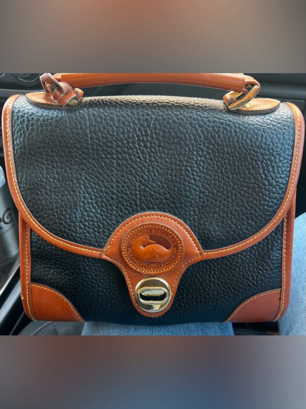 Dooney & Bourke Black Leather Satchel with Tan Trim and Gold Hardware
